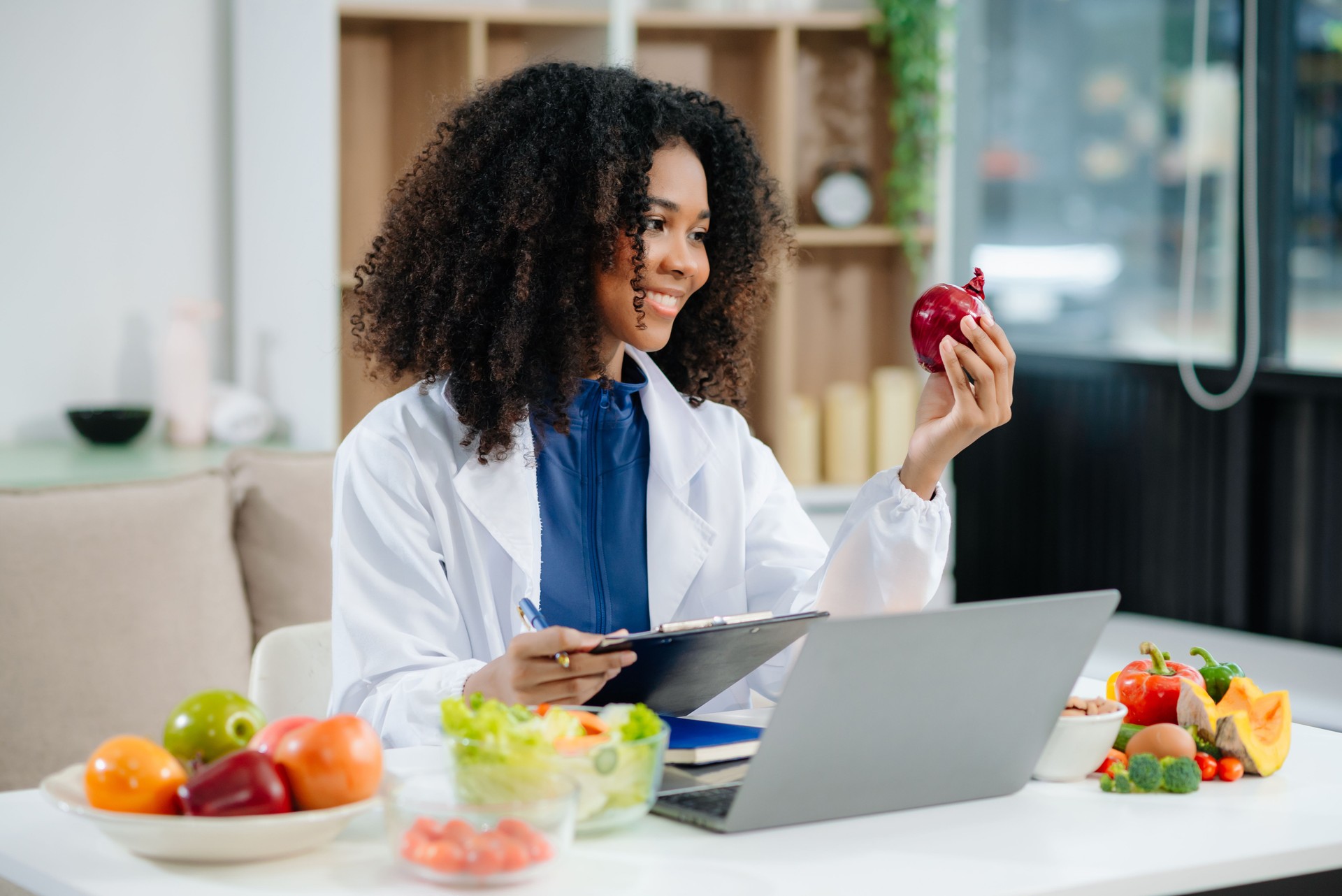 Explore a clinical nutritionist assessing fresh produce and supplements for health, diet planning, and wellness.